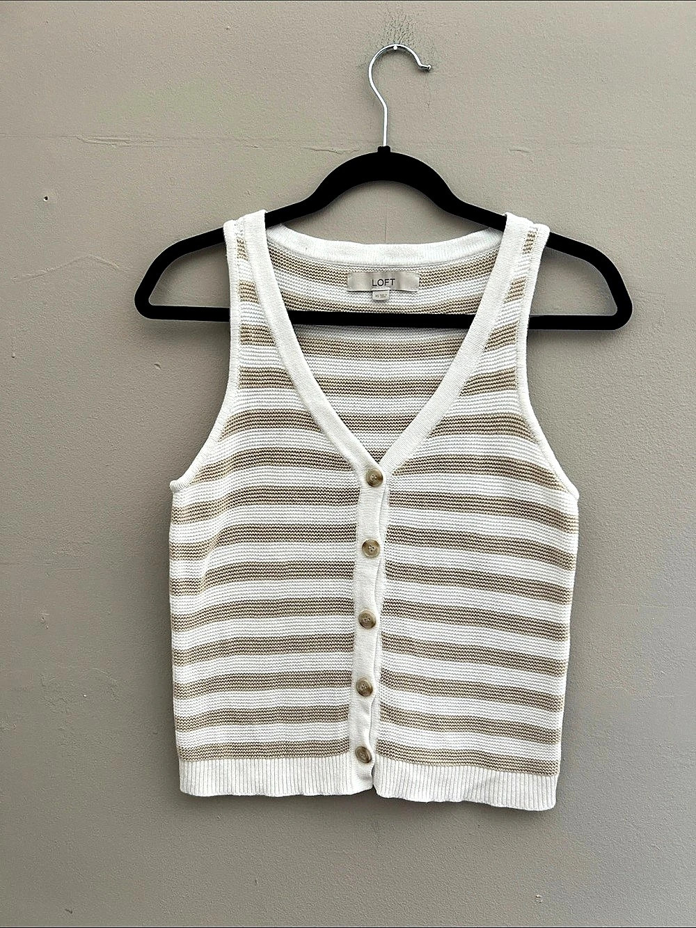 LOFT Striped V-Neck Cardigan Tank Top White & Brown XS